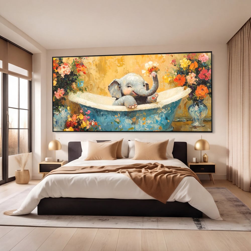Tablou Canvas Premium, LuxCanva® M1303, Cada cu Parfum de Vara, Elefant, Pui, Inocent, Cada, Flori, Vaza, Joaca, Fericire, Zambet, Parfum, Birou, Living, Camera Copil