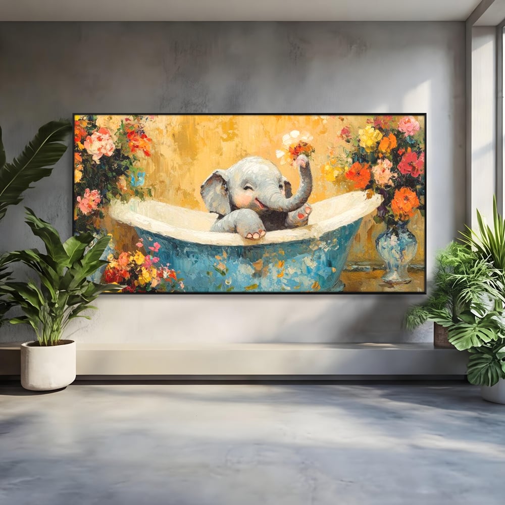 Tablou Canvas Premium, LuxCanva® M1303, Cada cu Parfum de Vara, Elefant, Pui, Inocent, Cada, Flori, Vaza, Joaca, Fericire, Zambet, Parfum, Birou, Living, Camera Copil