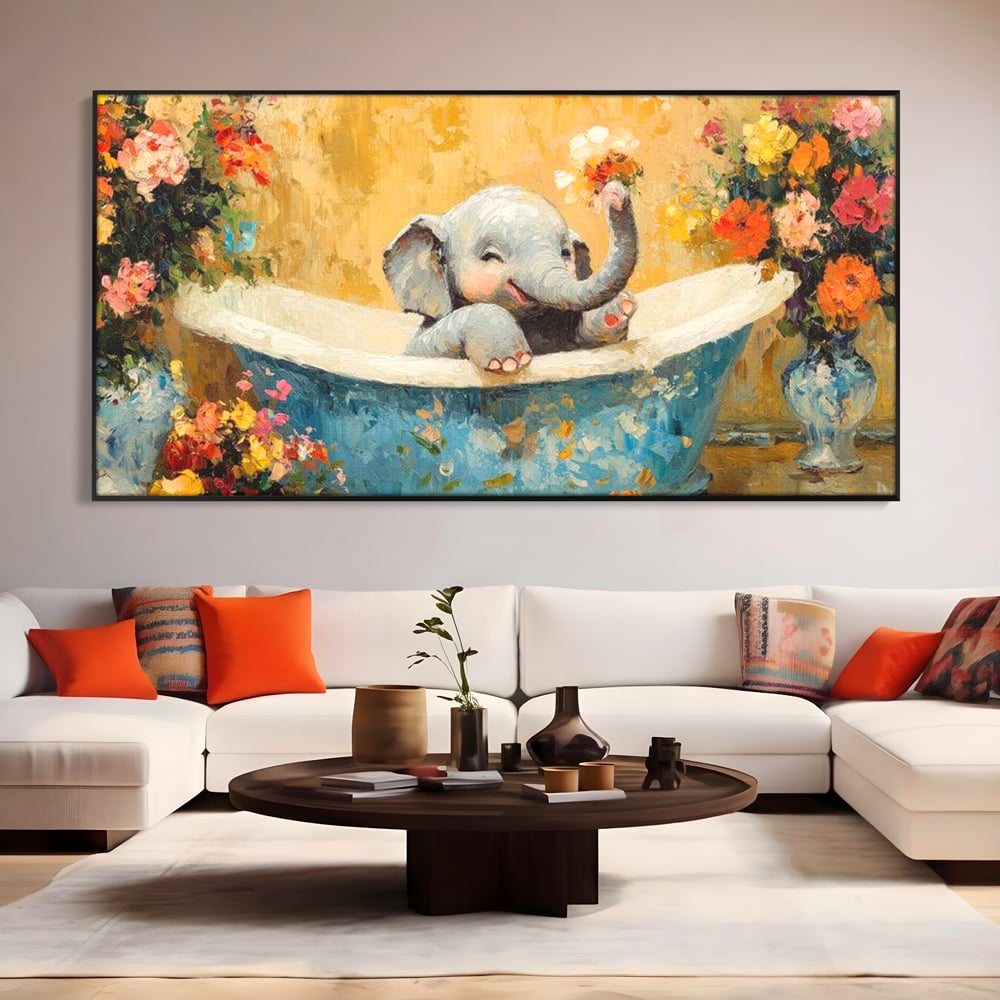 Tablou Canvas Premium, LuxCanva® M1303, Cada cu Parfum de Vara, Elefant, Pui, Inocent, Cada, Flori, Vaza, Joaca, Fericire, Zambet, Parfum, Birou, Living, Camera Copil