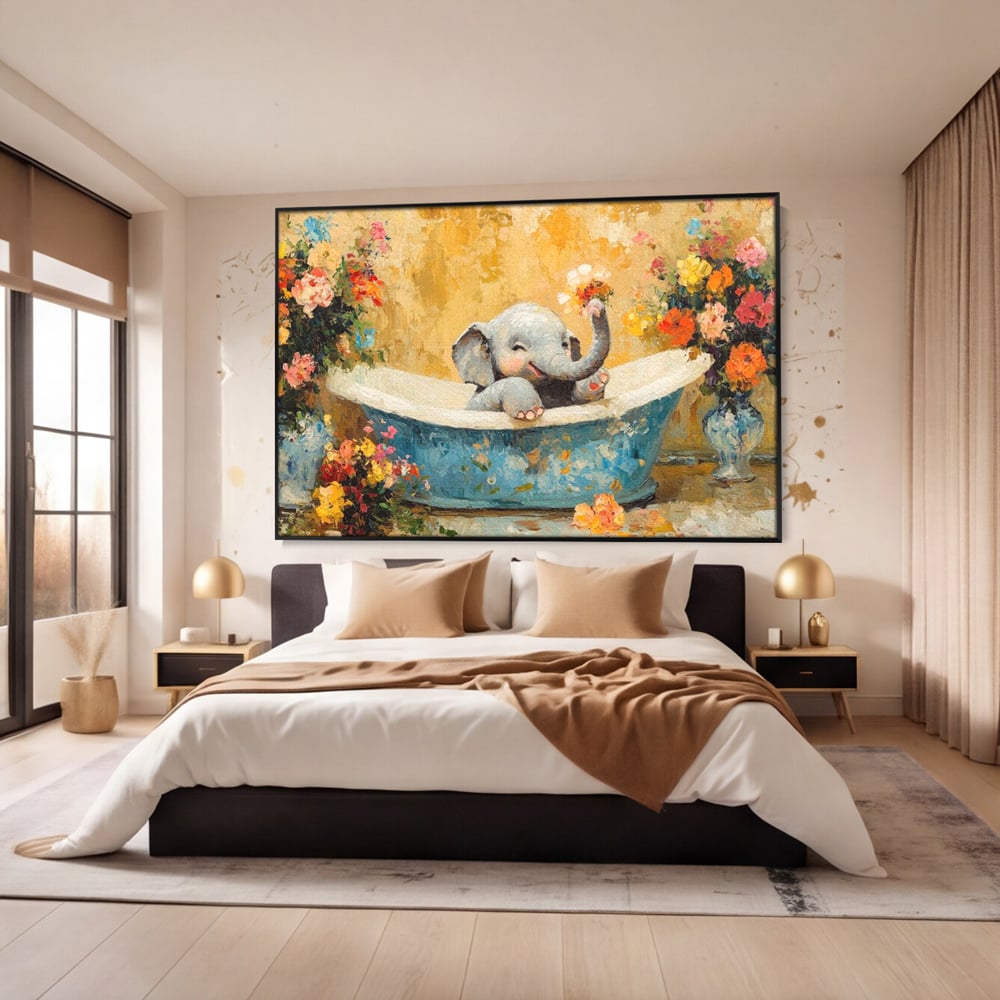 Tablou Canvas Premium, LuxCanva® M1303, Cada cu Parfum de Vara, Elefant, Pui, Inocent, Cada, Flori, Vaza, Joaca, Fericire, Zambet, Parfum, Birou, Living, Camera Copil