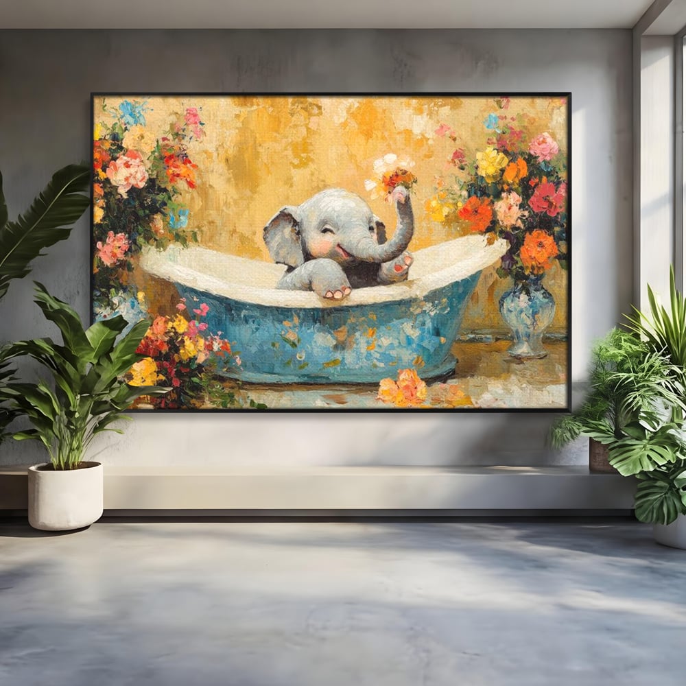 Tablou Canvas Premium, LuxCanva® M1303, Cada cu Parfum de Vara, Elefant, Pui, Inocent, Cada, Flori, Vaza, Joaca, Fericire, Zambet, Parfum, Birou, Living, Camera Copil