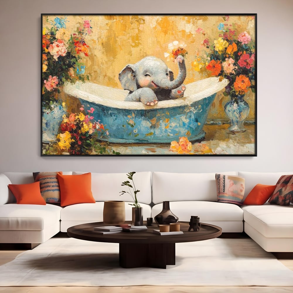 Tablou Canvas Premium, LuxCanva® M1303, Cada cu Parfum de Vara, Elefant, Pui, Inocent, Cada, Flori, Vaza, Joaca, Fericire, Zambet, Parfum, Birou, Living, Camera Copil