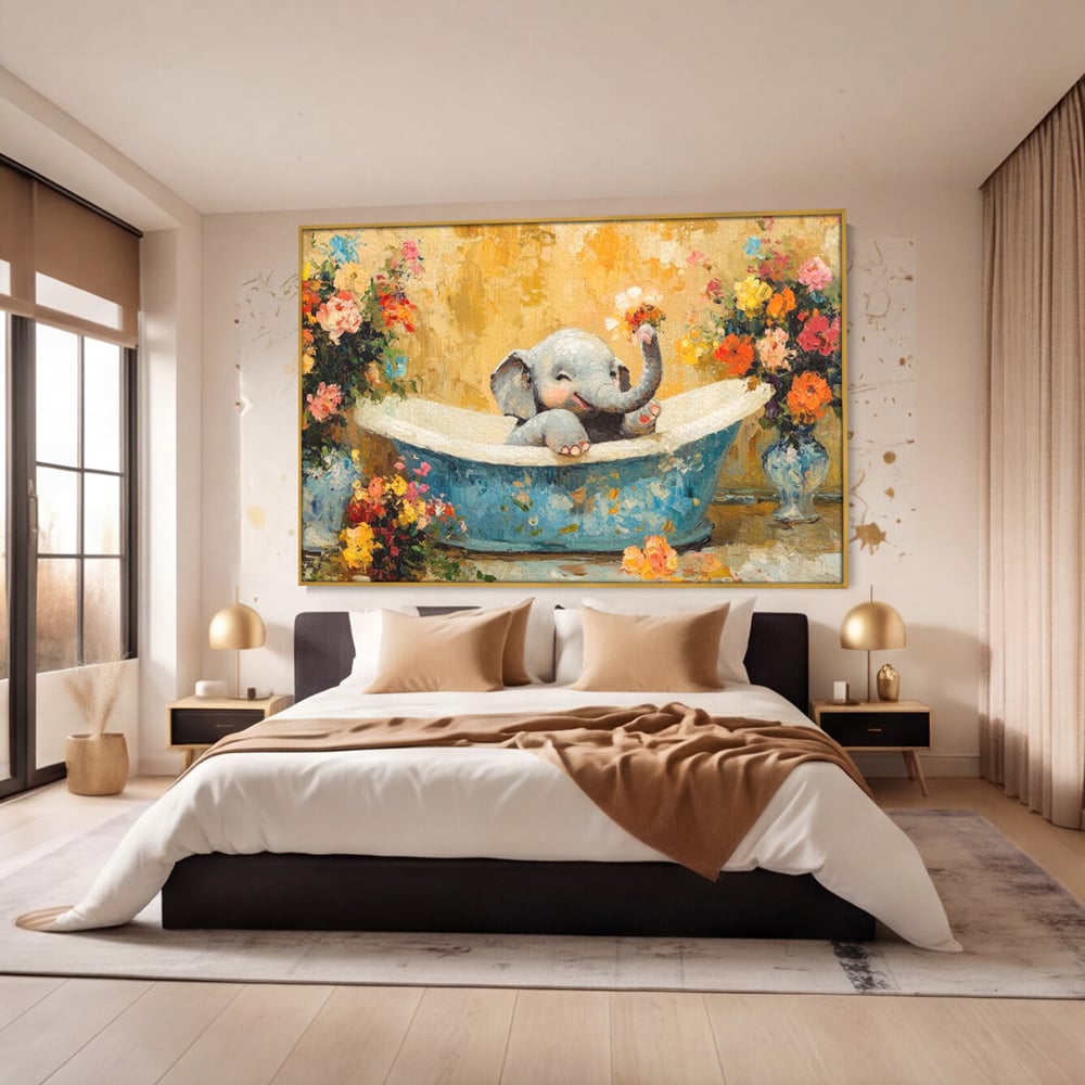 Tablou Canvas Premium, LuxCanva® M1303, Cada cu Parfum de Vara, Elefant, Pui, Inocent, Cada, Flori, Vaza, Joaca, Fericire, Zambet, Parfum, Birou, Living, Camera Copil