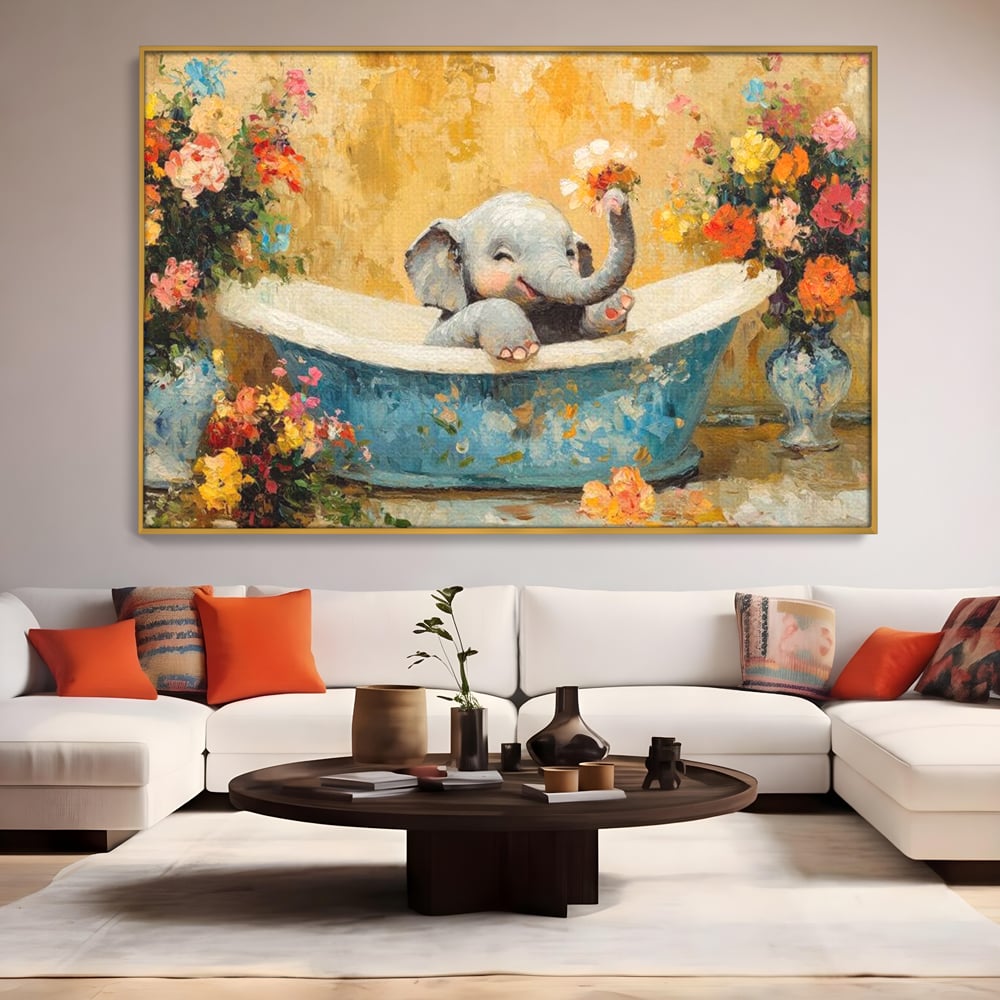 Tablou Canvas Premium, LuxCanva® M1303, Cada cu Parfum de Vara, Elefant, Pui, Inocent, Cada, Flori, Vaza, Joaca, Fericire, Zambet, Parfum, Birou, Living, Camera Copil