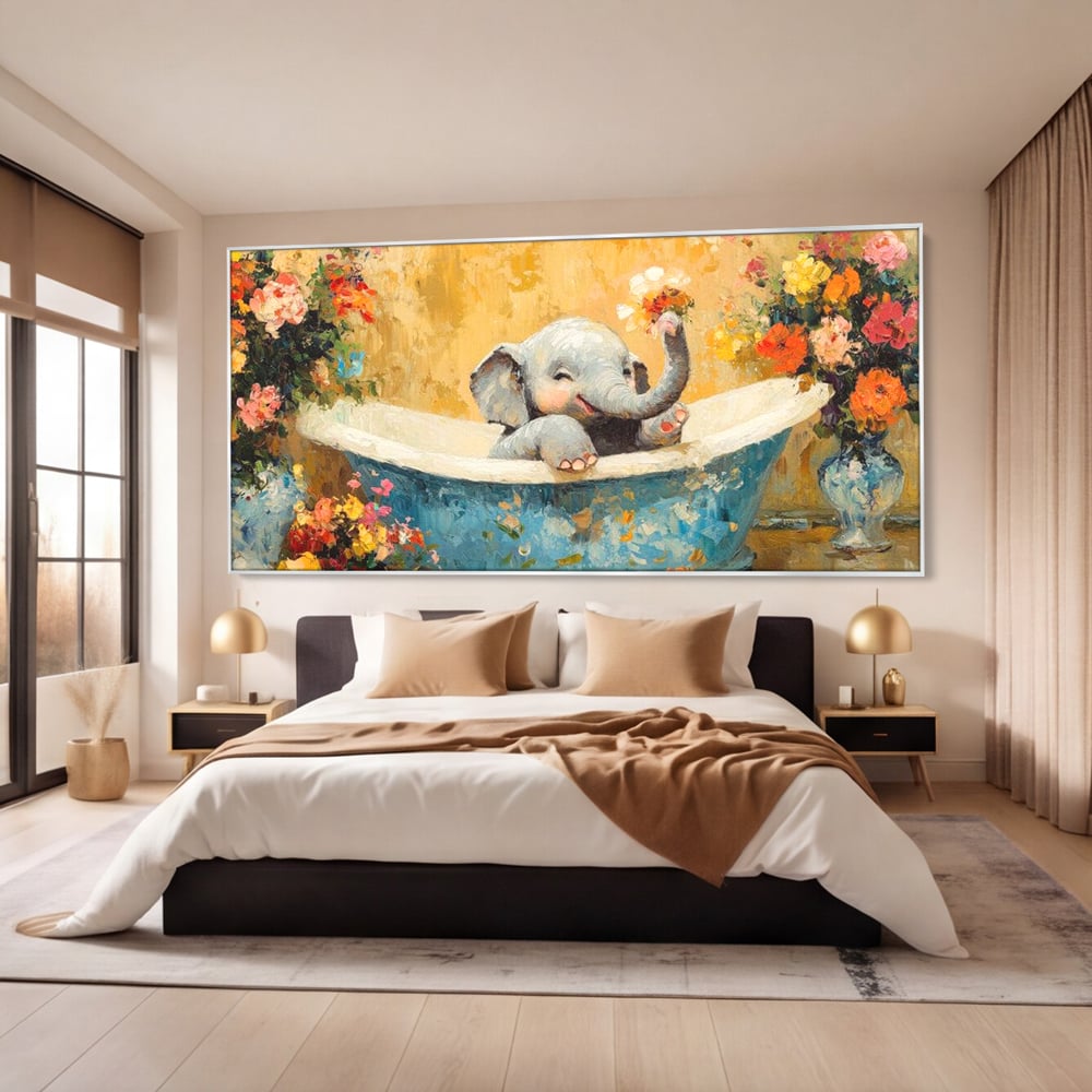 Tablou Canvas Premium, LuxCanva® M1303, Cada cu Parfum de Vara, Elefant, Pui, Inocent, Cada, Flori, Vaza, Joaca, Fericire, Zambet, Parfum, Birou, Living, Camera Copil