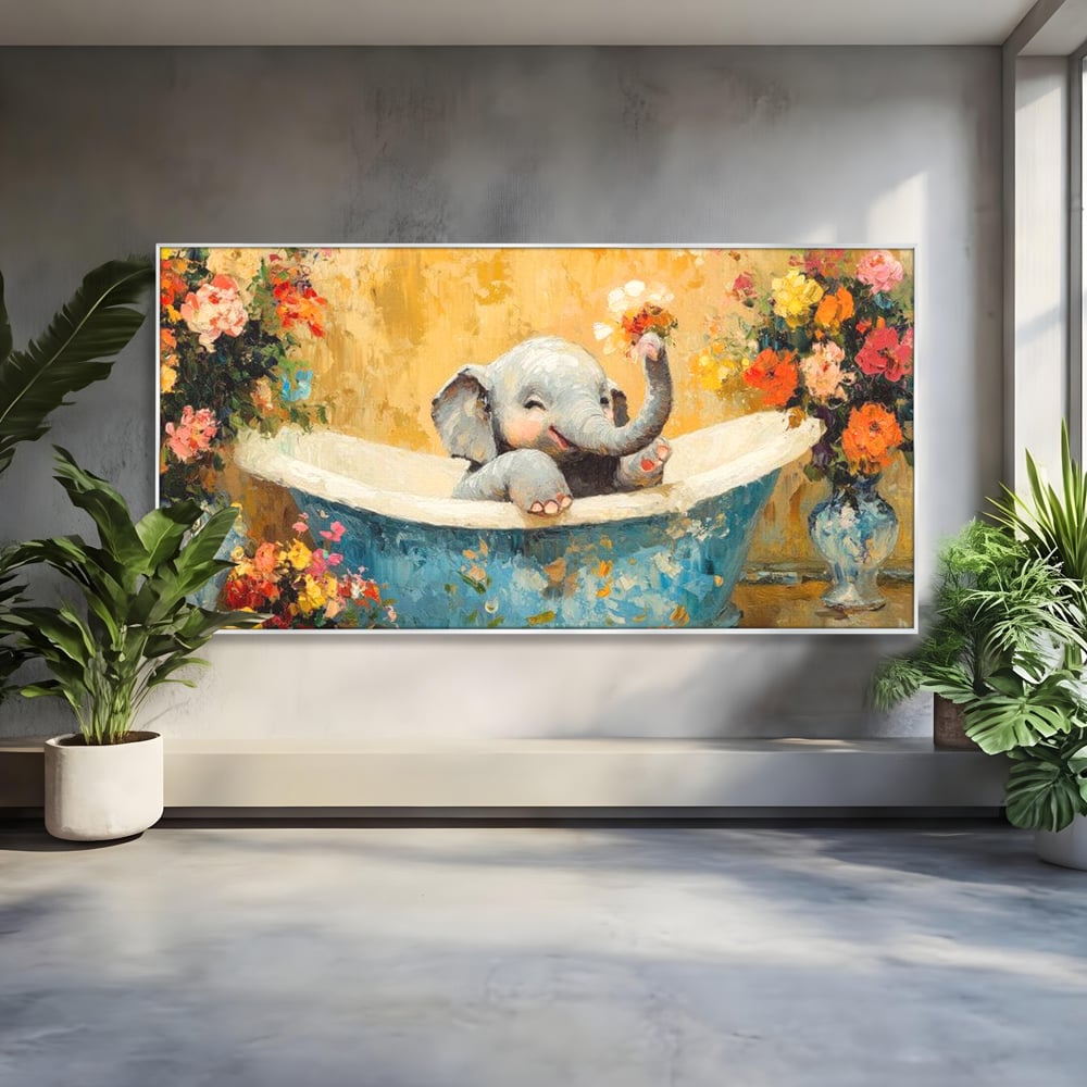 Tablou Canvas Premium, LuxCanva® M1303, Cada cu Parfum de Vara, Elefant, Pui, Inocent, Cada, Flori, Vaza, Joaca, Fericire, Zambet, Parfum, Birou, Living, Camera Copil