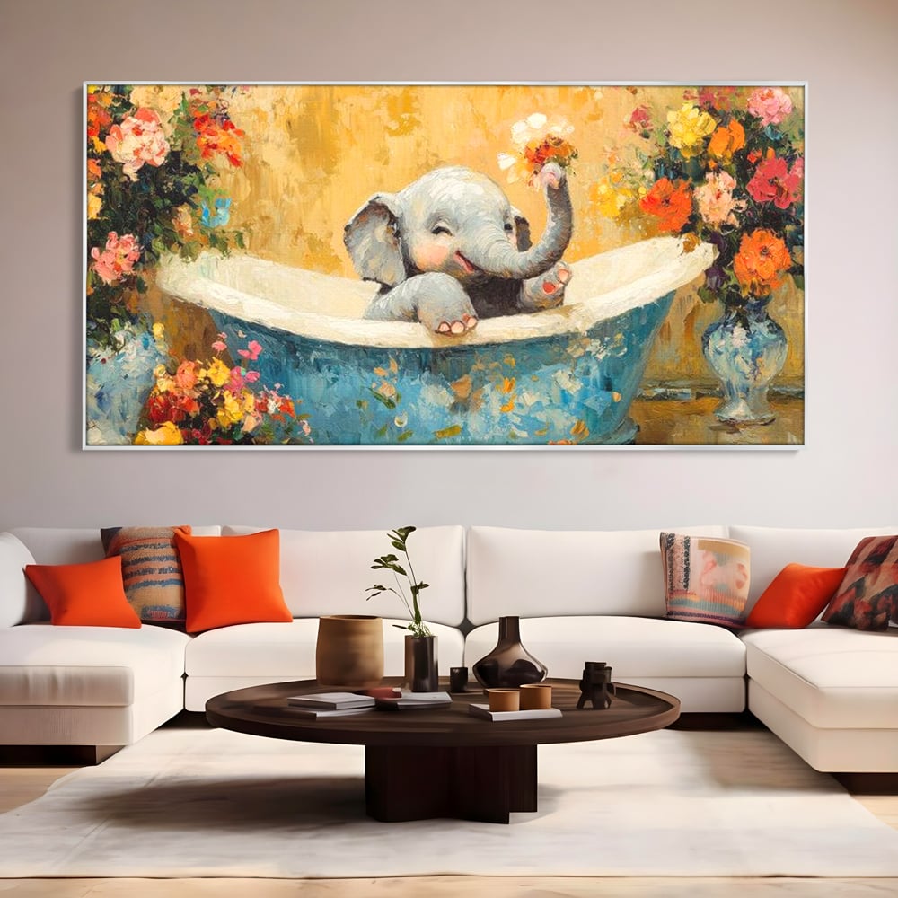 Tablou Canvas Premium, LuxCanva® M1303, Cada cu Parfum de Vara, Elefant, Pui, Inocent, Cada, Flori, Vaza, Joaca, Fericire, Zambet, Parfum, Birou, Living, Camera Copil