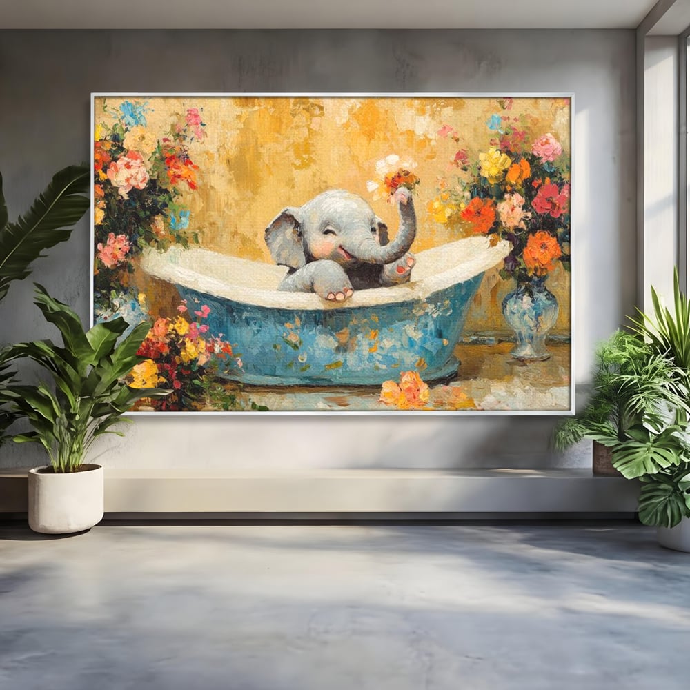 Tablou Canvas Premium, LuxCanva® M1303, Cada cu Parfum de Vara, Elefant, Pui, Inocent, Cada, Flori, Vaza, Joaca, Fericire, Zambet, Parfum, Birou, Living, Camera Copil