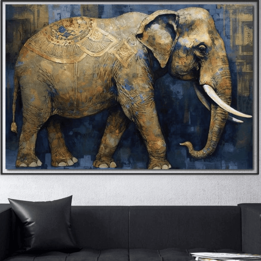 LuxCanva® Tablou Canvas Premium M1305, cu un elefant decorat aurit și simboluri sacre, aduce o notă artistică de cultură orientală pe peretele de deasupra canapelei moderne din living sau camera copilului.
