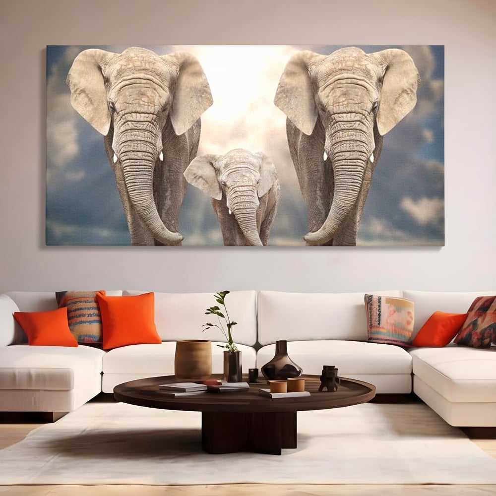 Leinwand Wandkunst Canvas Wandkunst Premium, LuxCanva® M1306, Weiß F Stoßzähne, Gruppe, Licht, Elefanten, Natur, Sonnenaufgang, Erde, Straße, Bewegung, Familie, Huhn, Büro, Wohnen, Wohnzimmer, Kinderzimmer