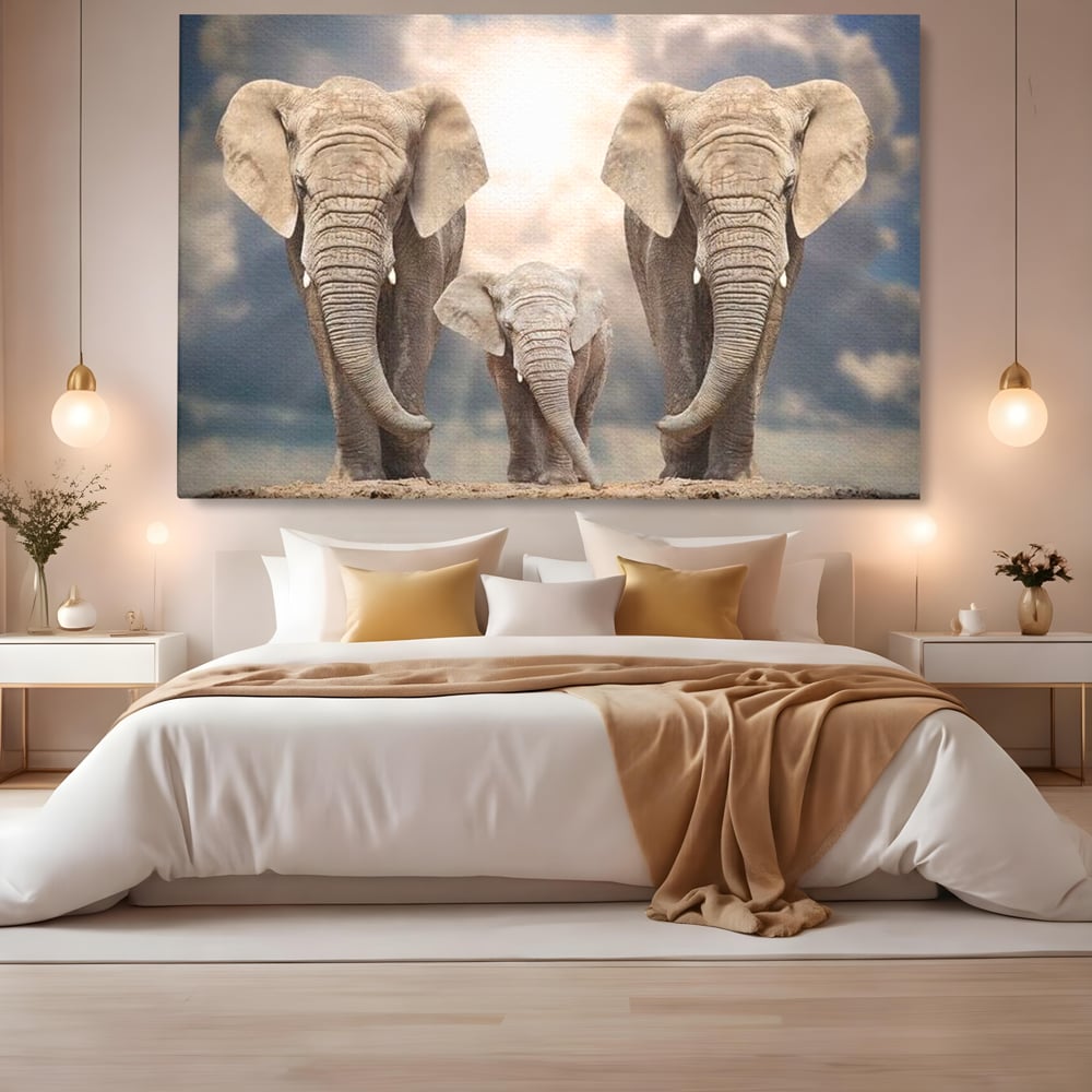 Leinwand Wandkunst Canvas Wandkunst Premium, LuxCanva® M1306, Weiß F Stoßzähne, Gruppe, Licht, Elefanten, Natur, Sonnenaufgang, Erde, Straße, Bewegung, Familie, Huhn, Büro, Wohnen, Wohnzimmer, Kinderzimmer