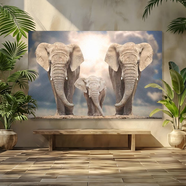 Leinwand Wandkunst Canvas Wandkunst Premium, LuxCanva® M1306, Weiß F Stoßzähne, Gruppe, Licht, Elefanten, Natur, Sonnenaufgang, Erde, Straße, Bewegung, Familie, Huhn, Büro, Wohnen, Wohnzimmer, Kinderzimmer