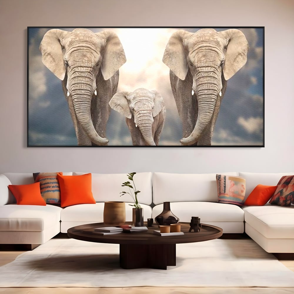 Leinwand Wandkunst Canvas Wandkunst Premium, LuxCanva® M1306, Weiß F Stoßzähne, Gruppe, Licht, Elefanten, Natur, Sonnenaufgang, Erde, Straße, Bewegung, Familie, Huhn, Büro, Wohnen, Wohnzimmer, Kinderzimmer