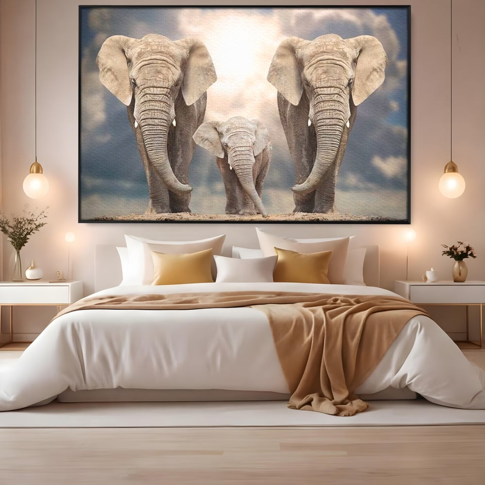 Leinwand Wandkunst Canvas Wandkunst Premium, LuxCanva® M1306, Weiß F Stoßzähne, Gruppe, Licht, Elefanten, Natur, Sonnenaufgang, Erde, Straße, Bewegung, Familie, Huhn, Büro, Wohnen, Wohnzimmer, Kinderzimmer