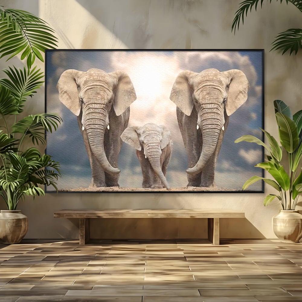 Leinwand Wandkunst Canvas Wandkunst Premium, LuxCanva® M1306, Weiß F Stoßzähne, Gruppe, Licht, Elefanten, Natur, Sonnenaufgang, Erde, Straße, Bewegung, Familie, Huhn, Büro, Wohnen, Wohnzimmer, Kinderzimmer