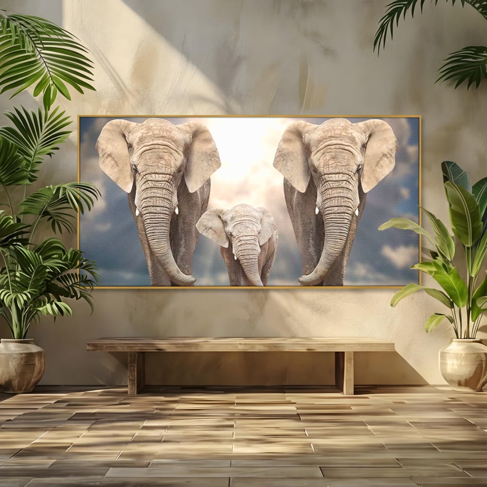 Leinwand Wandkunst Canvas Wandkunst Premium, LuxCanva® M1306, Weiß F Stoßzähne, Gruppe, Licht, Elefanten, Natur, Sonnenaufgang, Erde, Straße, Bewegung, Familie, Huhn, Büro, Wohnen, Wohnzimmer, Kinderzimmer