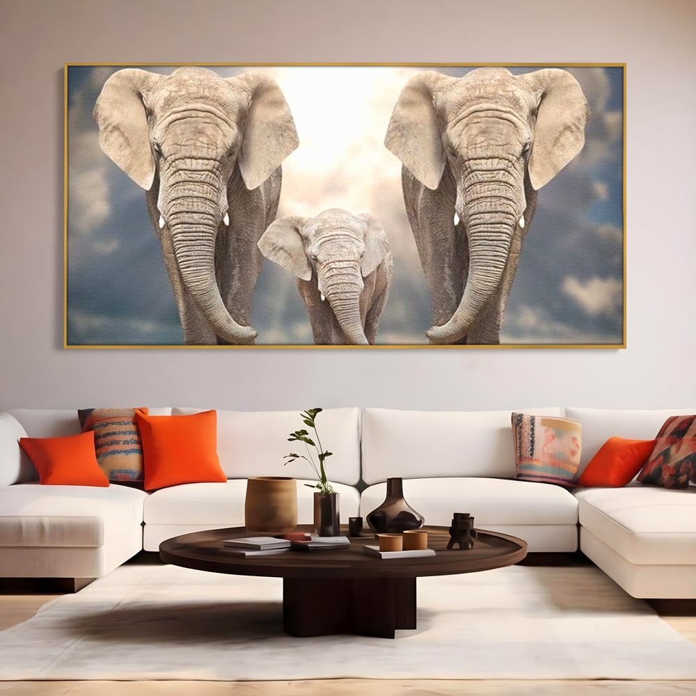 Leinwand Wandkunst Canvas Wandkunst Premium, LuxCanva® M1306, Weiß F Stoßzähne, Gruppe, Licht, Elefanten, Natur, Sonnenaufgang, Erde, Straße, Bewegung, Familie, Huhn, Büro, Wohnen, Wohnzimmer, Kinderzimmer
