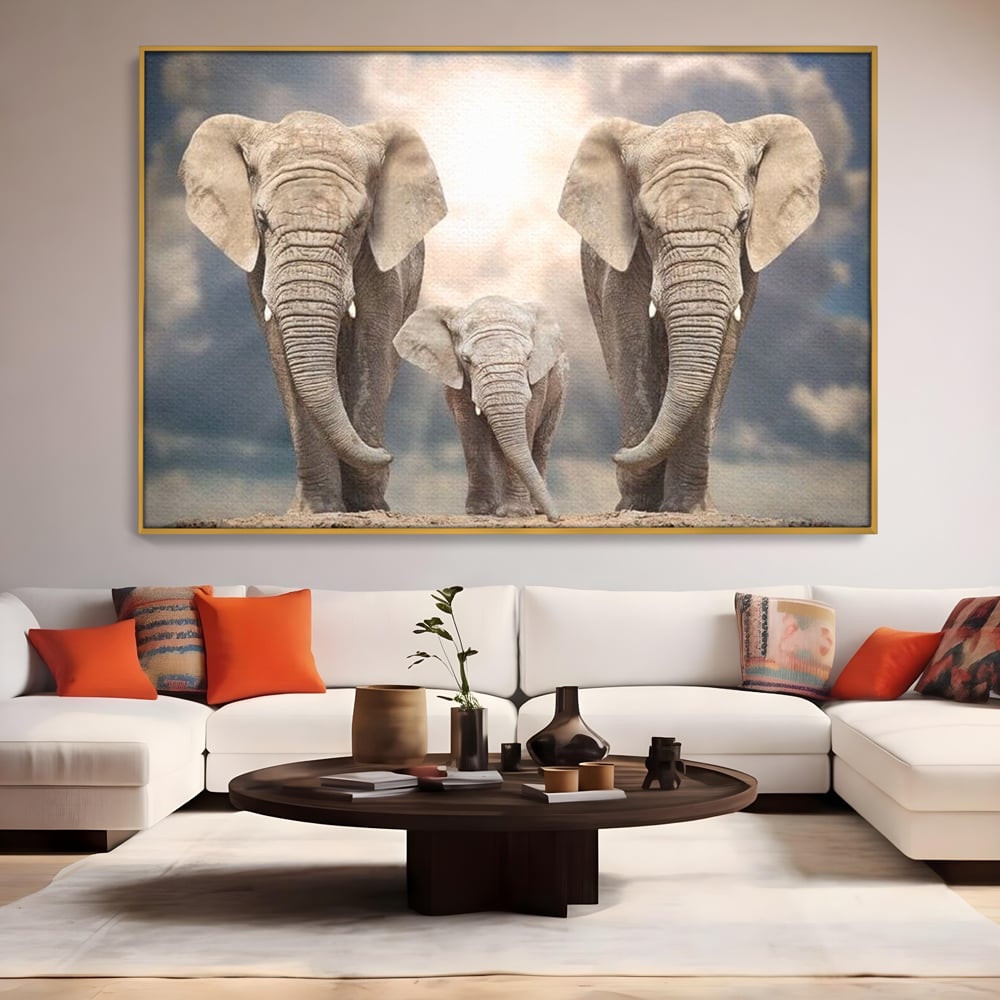 Leinwand Wandkunst Canvas Wandkunst Premium, LuxCanva® M1306, Weiß F Stoßzähne, Gruppe, Licht, Elefanten, Natur, Sonnenaufgang, Erde, Straße, Bewegung, Familie, Huhn, Büro, Wohnen, Wohnzimmer, Kinderzimmer