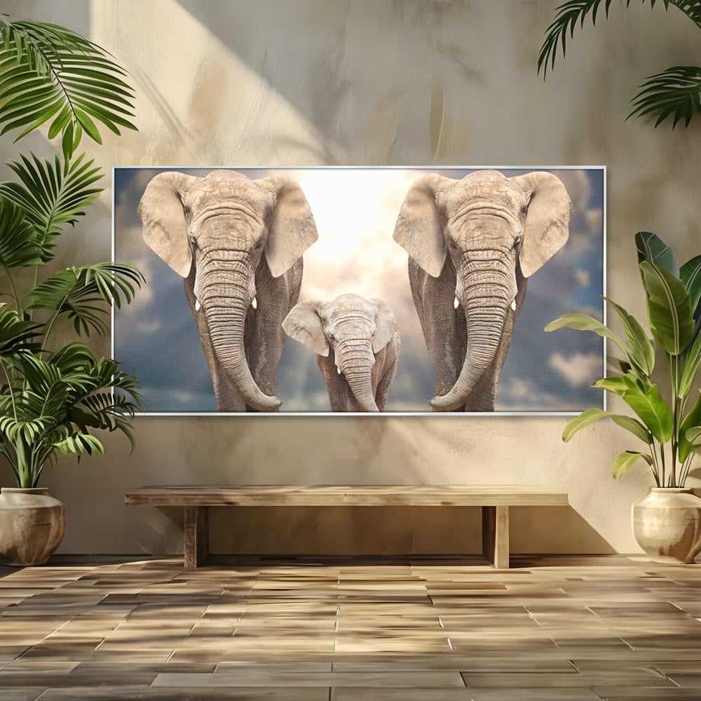 Leinwand Wandkunst Canvas Wandkunst Premium, LuxCanva® M1306, Weiß F Stoßzähne, Gruppe, Licht, Elefanten, Natur, Sonnenaufgang, Erde, Straße, Bewegung, Familie, Huhn, Büro, Wohnen, Wohnzimmer, Kinderzimmer