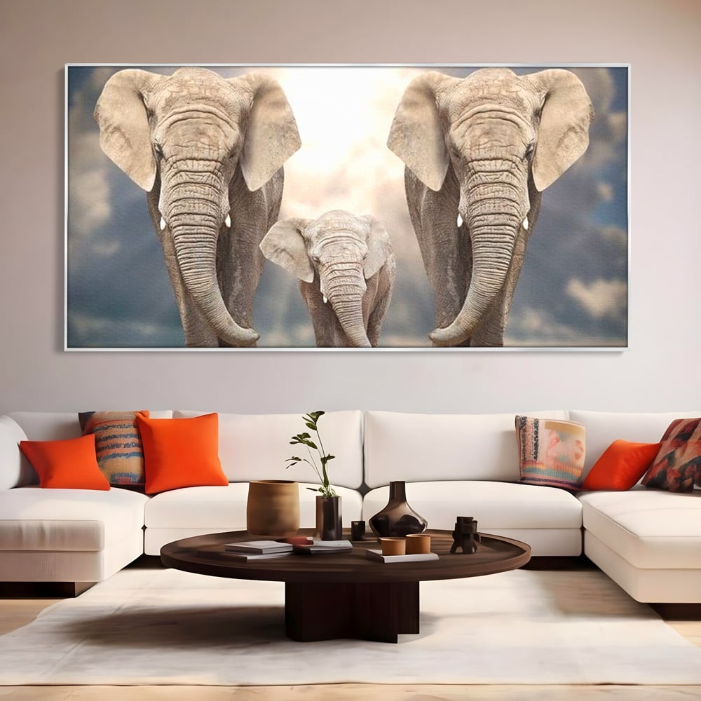 Leinwand Wandkunst Canvas Wandkunst Premium, LuxCanva® M1306, Weiß F Stoßzähne, Gruppe, Licht, Elefanten, Natur, Sonnenaufgang, Erde, Straße, Bewegung, Familie, Huhn, Büro, Wohnen, Wohnzimmer, Kinderzimmer