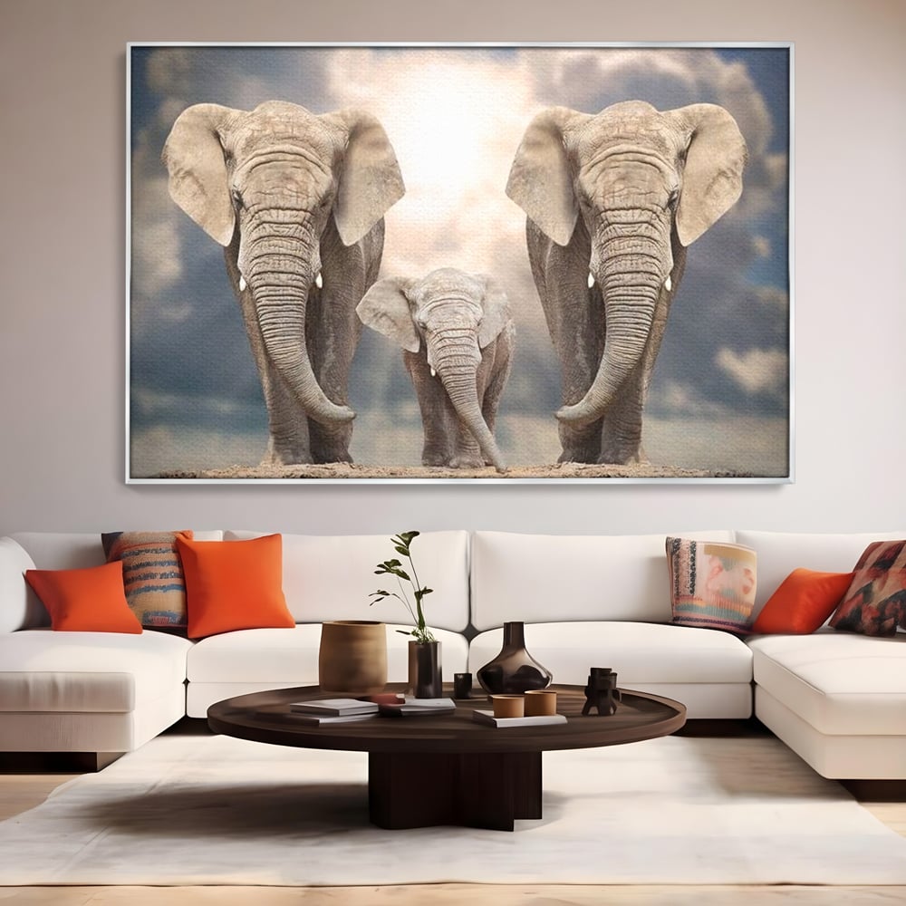 Leinwand Wandkunst Canvas Wandkunst Premium, LuxCanva® M1306, Weiß F Stoßzähne, Gruppe, Licht, Elefanten, Natur, Sonnenaufgang, Erde, Straße, Bewegung, Familie, Huhn, Büro, Wohnen, Wohnzimmer, Kinderzimmer
