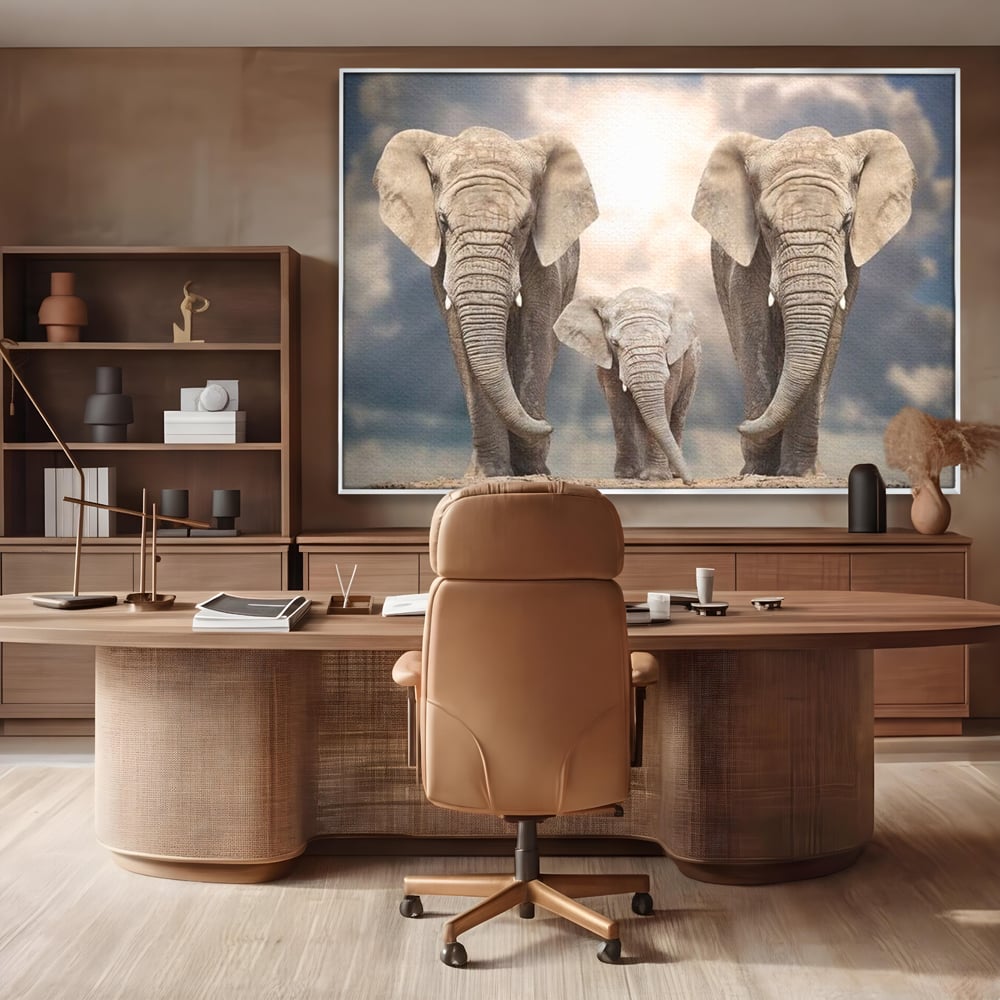 Leinwand Wandkunst Canvas Wandkunst Premium, LuxCanva® M1306, Weiß F Stoßzähne, Gruppe, Licht, Elefanten, Natur, Sonnenaufgang, Erde, Straße, Bewegung, Familie, Huhn, Büro, Wohnen, Wohnzimmer, Kinderzimmer