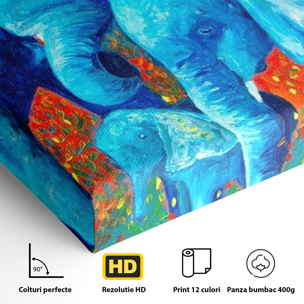 Tablou Canvas Premium, LuxCanva® M1307, Calatorie in Jungla Magica,Albastru, Abstract, Familie, Culori Vibrante, Elefanti, Pictura, Magie, Poveste, Exotic, Birou, Living, Camera Copil