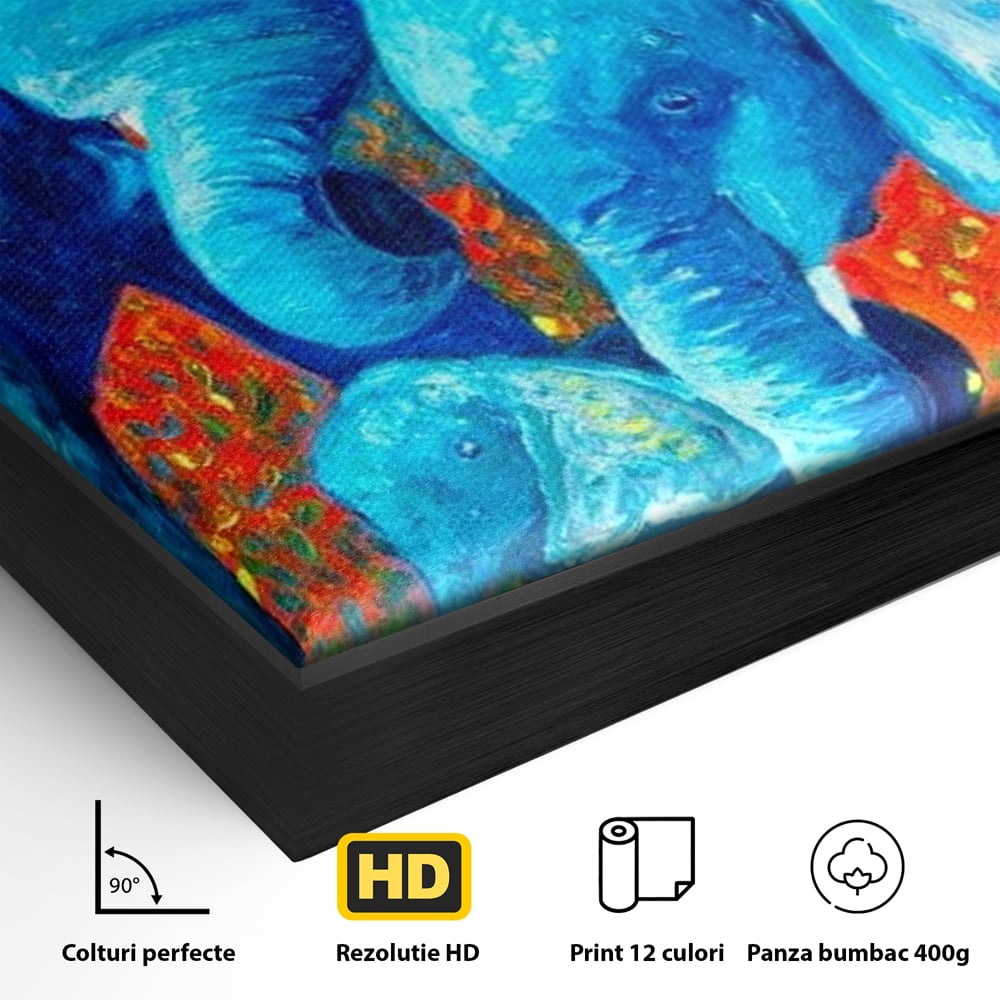 Tablou Canvas Premium, LuxCanva® M1307, Calatorie in Jungla Magica,Albastru, Abstract, Familie, Culori Vibrante, Elefanti, Pictura, Magie, Poveste, Exotic, Birou, Living, Camera Copil