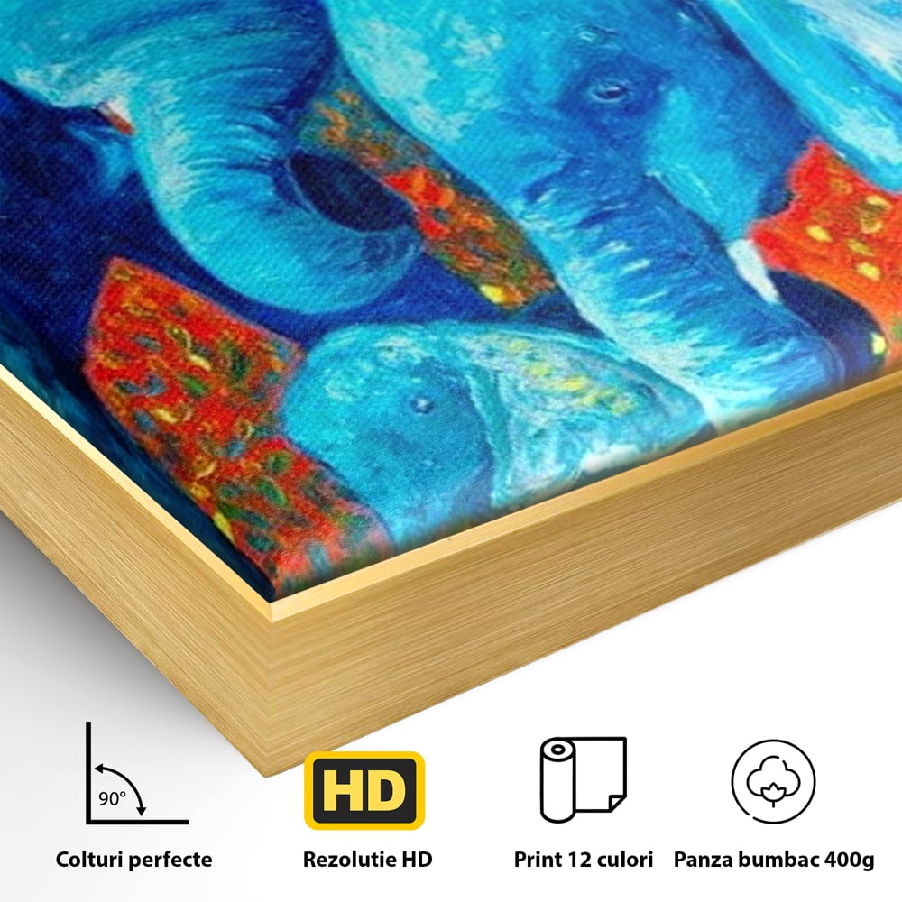 Tablou Canvas Premium, LuxCanva® M1307, Calatorie in Jungla Magica,Albastru, Abstract, Familie, Culori Vibrante, Elefanti, Pictura, Magie, Poveste, Exotic, Birou, Living, Camera Copil