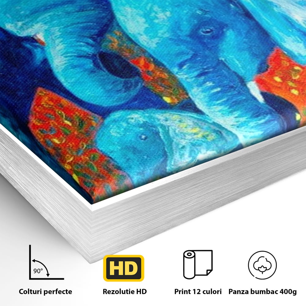 Tablou Canvas Premium, LuxCanva® M1307, Calatorie in Jungla Magica,Albastru, Abstract, Familie, Culori Vibrante, Elefanti, Pictura, Magie, Poveste, Exotic, Birou, Living, Camera Copil