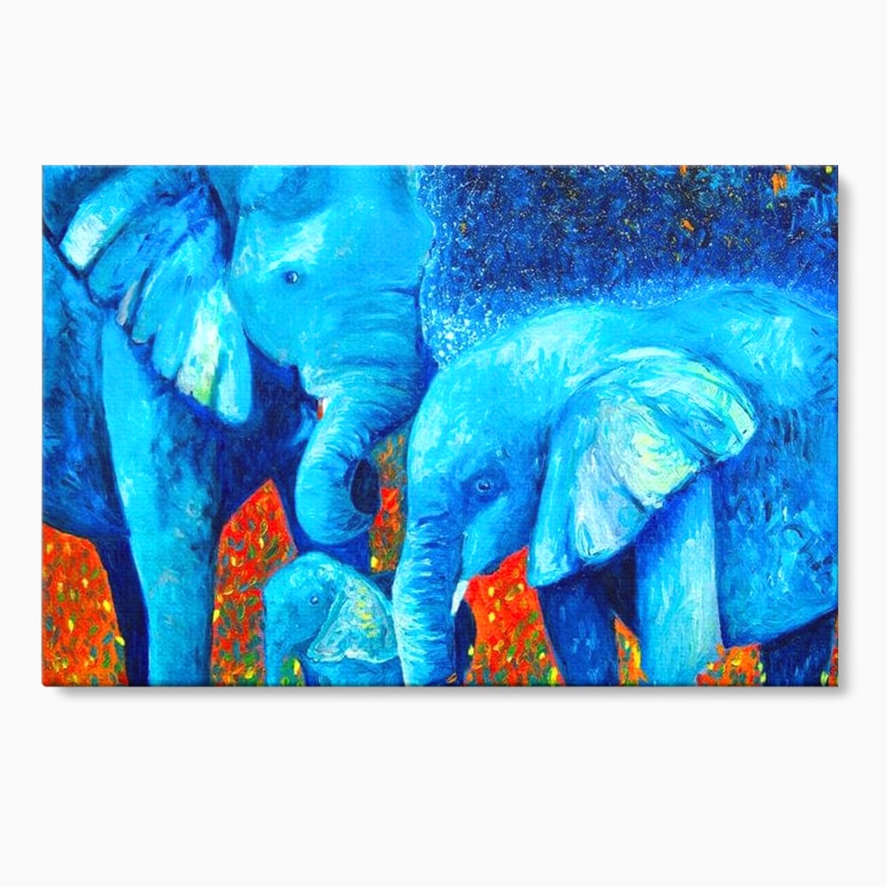 Tablou Canvas Premium, LuxCanva® M1307, Calatorie in Jungla Magica,Albastru, Abstract, Familie, Culori Vibrante, Elefanti, Pictura, Magie, Poveste, Exotic, Birou, Living, Camera Copil