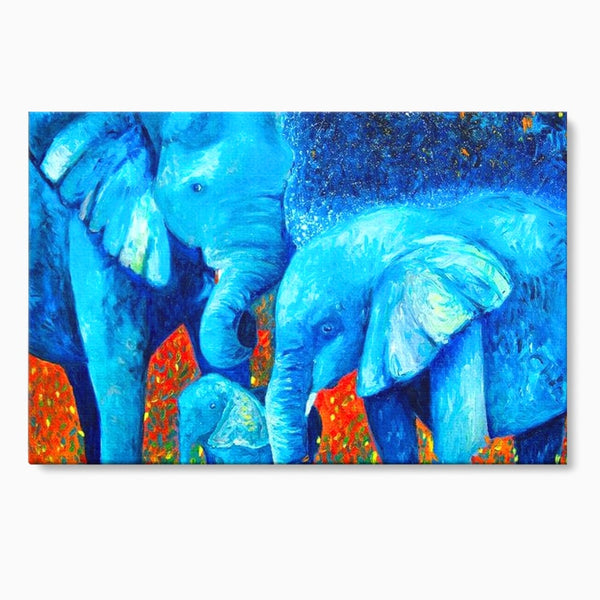 Tablou Canvas Premium, LuxCanva® M1307, Calatorie in Jungla Magica,Albastru, Abstract, Familie, Culori Vibrante, Elefanti, Pictura, Magie, Poveste, Exotic, Birou, Living, Camera Copil