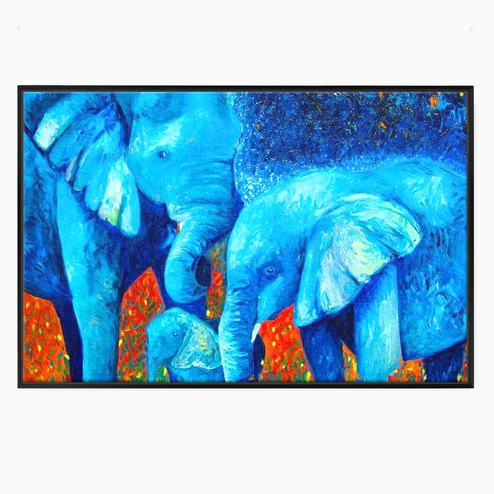 Tablou Canvas Premium, LuxCanva® M1307, Calatorie in Jungla Magica,Albastru, Abstract, Familie, Culori Vibrante, Elefanti, Pictura, Magie, Poveste, Exotic, Birou, Living, Camera Copil