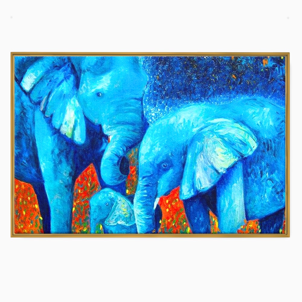 Tablou Canvas Premium, LuxCanva® M1307, Calatorie in Jungla Magica,Albastru, Abstract, Familie, Culori Vibrante, Elefanti, Pictura, Magie, Poveste, Exotic, Birou, Living, Camera Copil