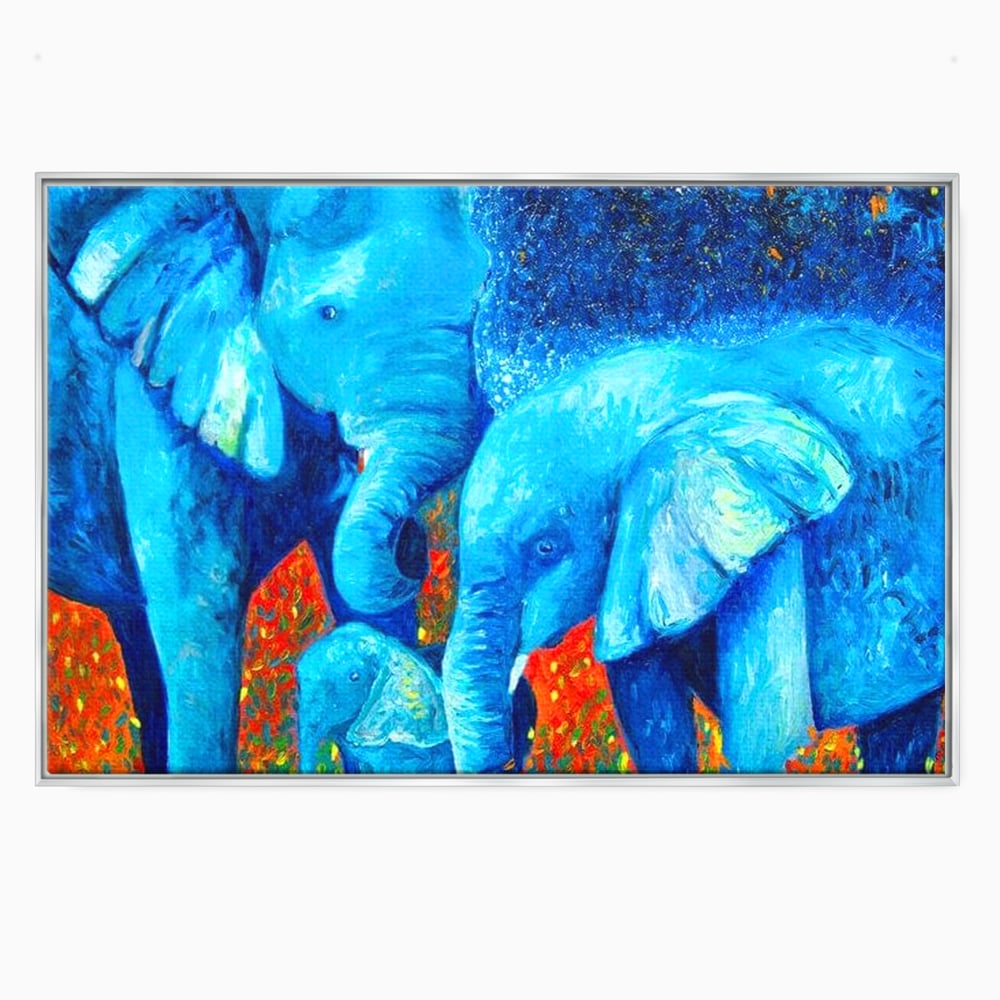 Tablou Canvas Premium, LuxCanva® M1307, Calatorie in Jungla Magica,Albastru, Abstract, Familie, Culori Vibrante, Elefanti, Pictura, Magie, Poveste, Exotic, Birou, Living, Camera Copil