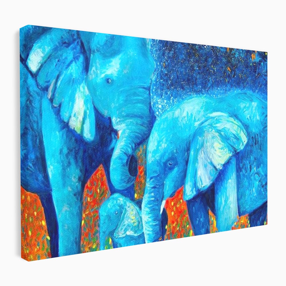 Tablou Canvas Premium, LuxCanva® M1307, Calatorie in Jungla Magica,Albastru, Abstract, Familie, Culori Vibrante, Elefanti, Pictura, Magie, Poveste, Exotic, Birou, Living, Camera Copil