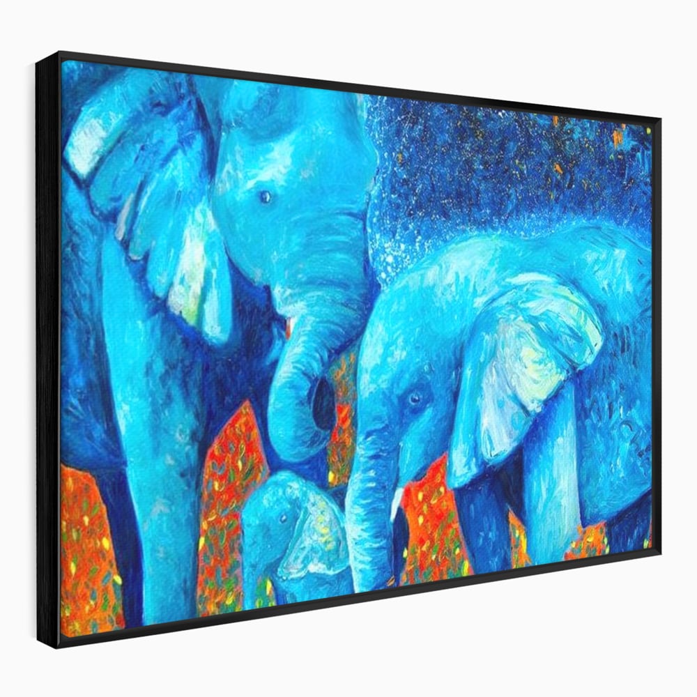 Tablou Canvas Premium, LuxCanva® M1307, Calatorie in Jungla Magica,Albastru, Abstract, Familie, Culori Vibrante, Elefanti, Pictura, Magie, Poveste, Exotic, Birou, Living, Camera Copil