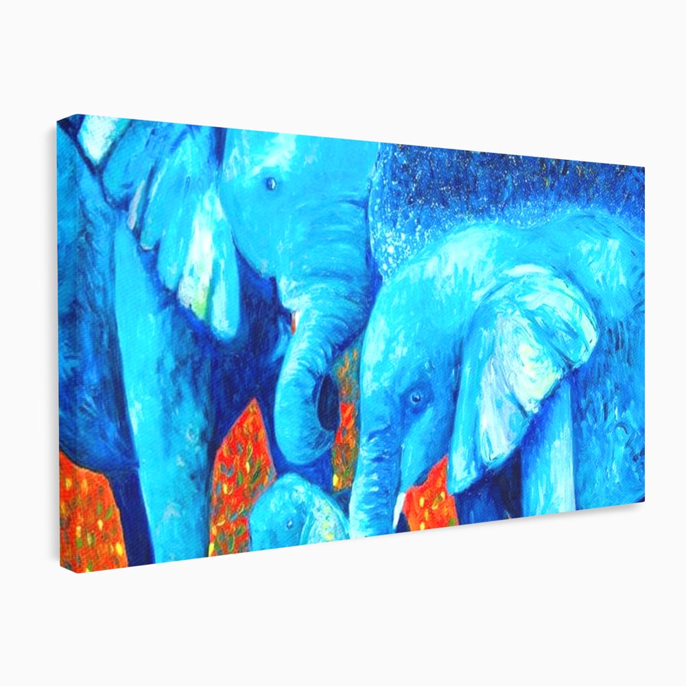 Tablou Canvas Premium, LuxCanva® M1307, Calatorie in Jungla Magica,Albastru, Abstract, Familie, Culori Vibrante, Elefanti, Pictura, Magie, Poveste, Exotic, Birou, Living, Camera Copil