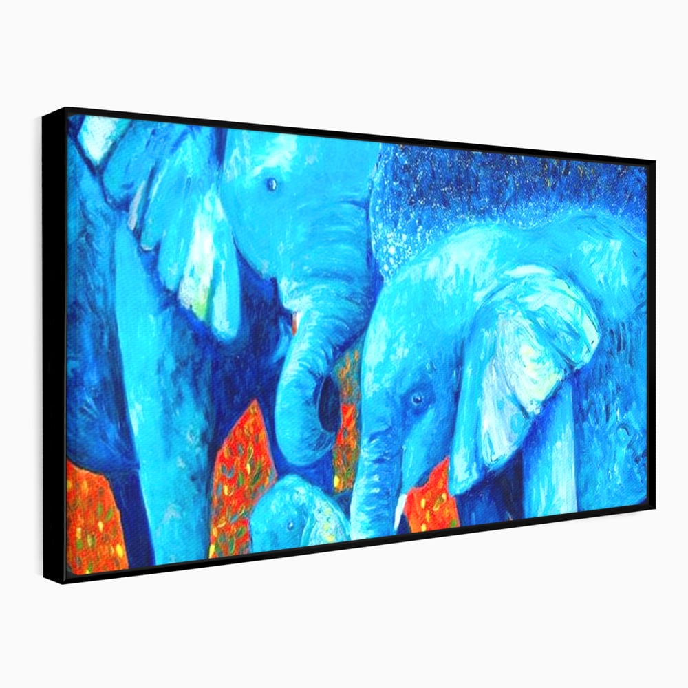 Tablou Canvas Premium, LuxCanva® M1307, Calatorie in Jungla Magica,Albastru, Abstract, Familie, Culori Vibrante, Elefanti, Pictura, Magie, Poveste, Exotic, Birou, Living, Camera Copil