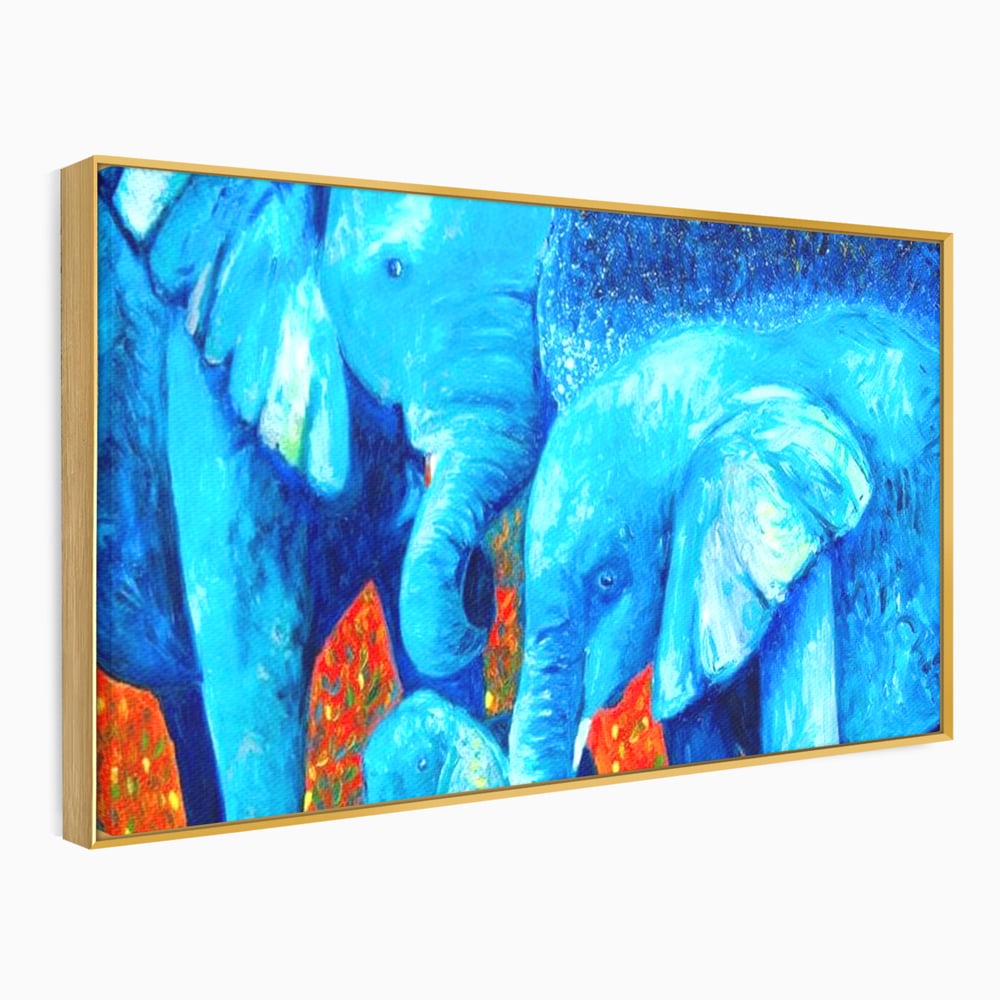 Tablou Canvas Premium, LuxCanva® M1307, Calatorie in Jungla Magica,Albastru, Abstract, Familie, Culori Vibrante, Elefanti, Pictura, Magie, Poveste, Exotic, Birou, Living, Camera Copil