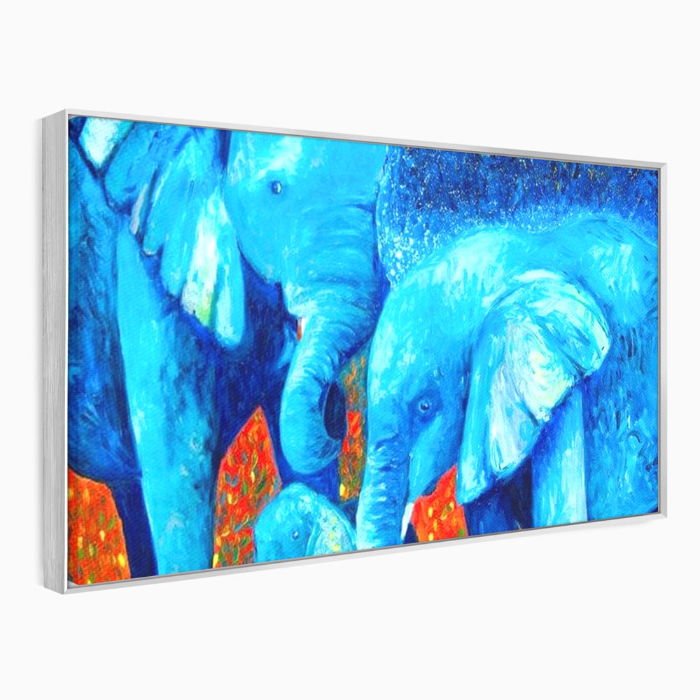 Tablou Canvas Premium, LuxCanva® M1307, Calatorie in Jungla Magica,Albastru, Abstract, Familie, Culori Vibrante, Elefanti, Pictura, Magie, Poveste, Exotic, Birou, Living, Camera Copil