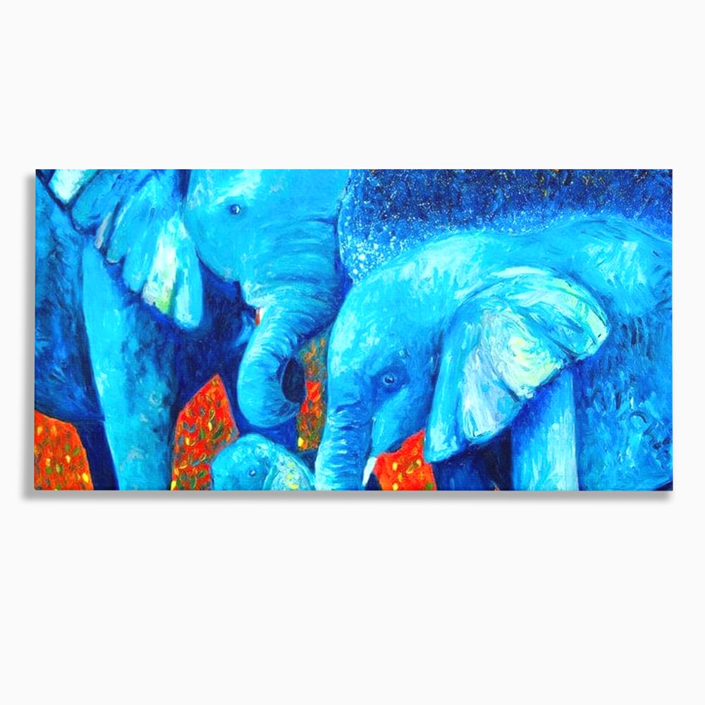 Tablou Canvas Premium, LuxCanva® M1307, Calatorie in Jungla Magica,Albastru, Abstract, Familie, Culori Vibrante, Elefanti, Pictura, Magie, Poveste, Exotic, Birou, Living, Camera Copil