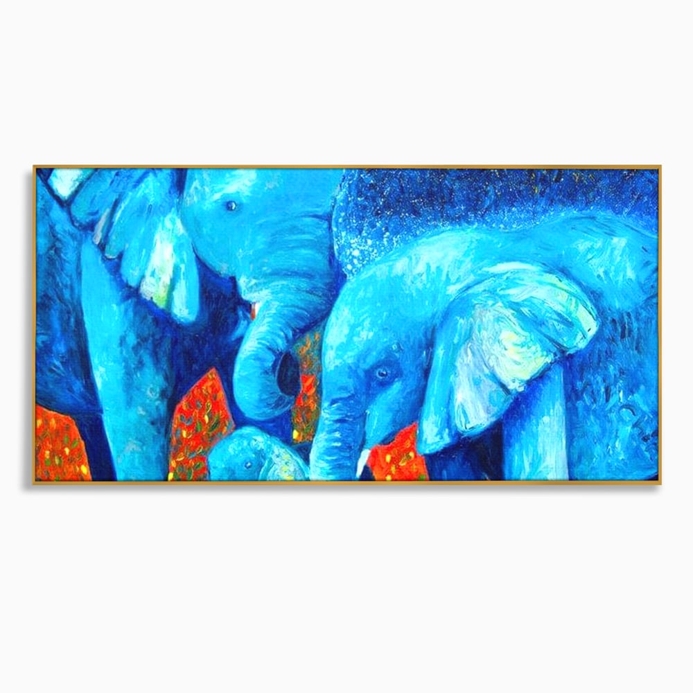 Tablou Canvas Premium, LuxCanva® M1307, Calatorie in Jungla Magica,Albastru, Abstract, Familie, Culori Vibrante, Elefanti, Pictura, Magie, Poveste, Exotic, Birou, Living, Camera Copil