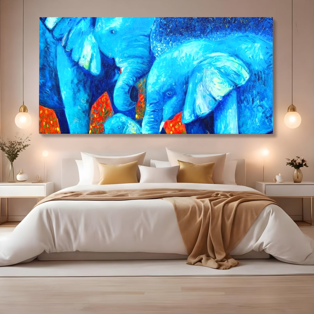 Tablou Canvas Premium, LuxCanva® M1307, Calatorie in Jungla Magica,Albastru, Abstract, Familie, Culori Vibrante, Elefanti, Pictura, Magie, Poveste, Exotic, Birou, Living, Camera Copil