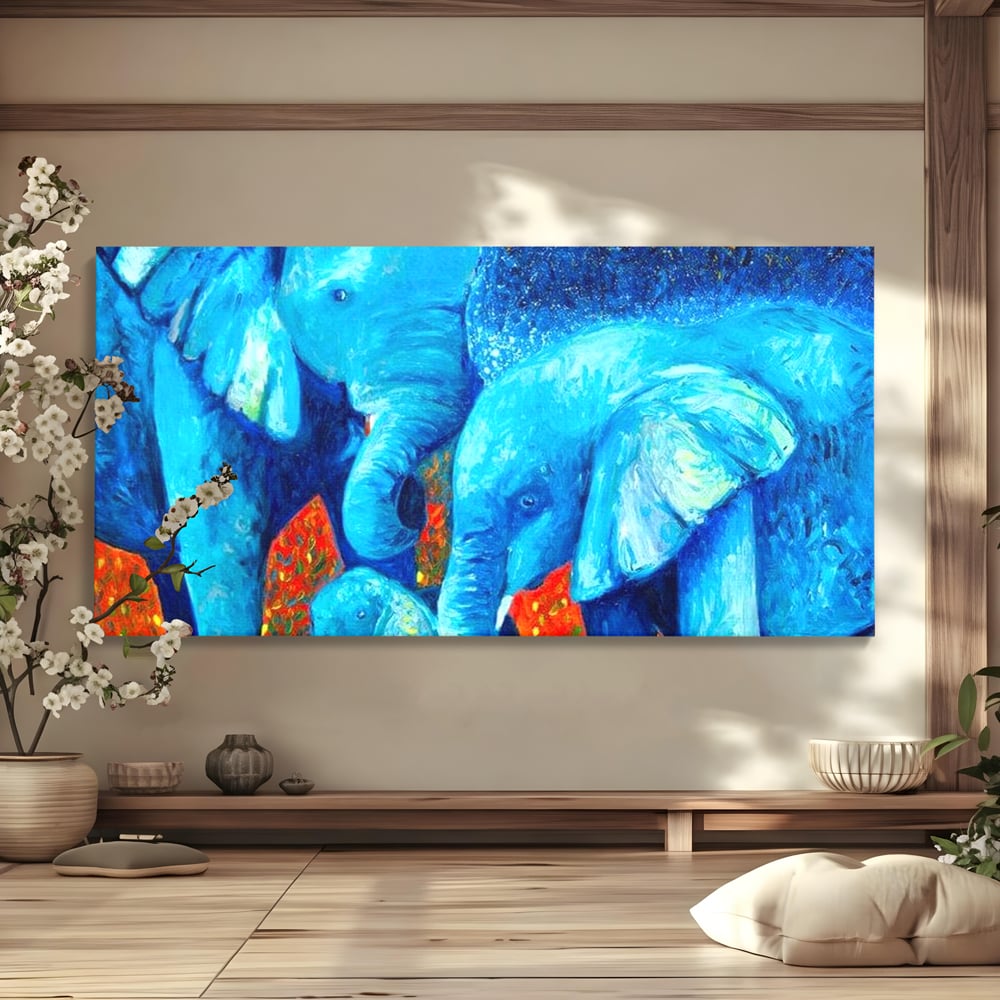 Tablou Canvas Premium, LuxCanva® M1307, Calatorie in Jungla Magica,Albastru, Abstract, Familie, Culori Vibrante, Elefanti, Pictura, Magie, Poveste, Exotic, Birou, Living, Camera Copil