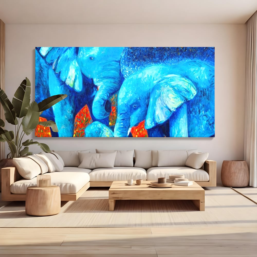 Tablou Canvas Premium, LuxCanva® M1307, Calatorie in Jungla Magica,Albastru, Abstract, Familie, Culori Vibrante, Elefanti, Pictura, Magie, Poveste, Exotic, Birou, Living, Camera Copil