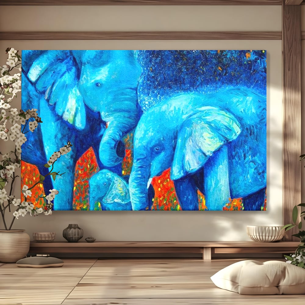 Tablou Canvas Premium, LuxCanva® M1307, Calatorie in Jungla Magica,Albastru, Abstract, Familie, Culori Vibrante, Elefanti, Pictura, Magie, Poveste, Exotic, Birou, Living, Camera Copil