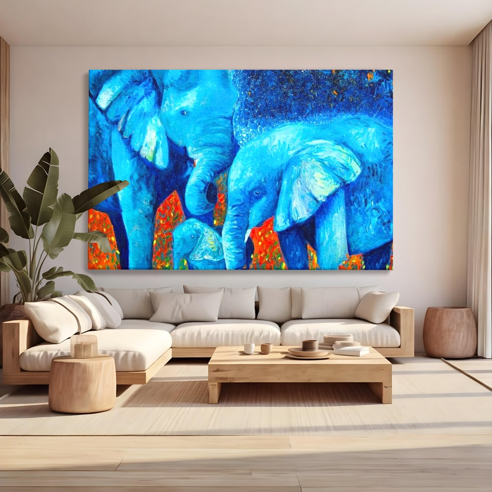Tablou Canvas Premium, LuxCanva® M1307, Calatorie in Jungla Magica,Albastru, Abstract, Familie, Culori Vibrante, Elefanti, Pictura, Magie, Poveste, Exotic, Birou, Living, Camera Copil