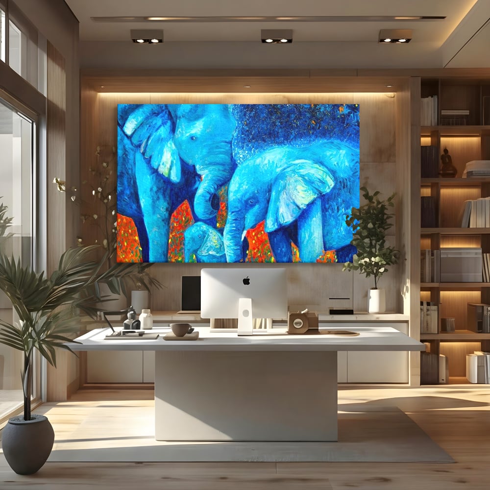 Tablou Canvas Premium, LuxCanva® M1307, Calatorie in Jungla Magica,Albastru, Abstract, Familie, Culori Vibrante, Elefanti, Pictura, Magie, Poveste, Exotic, Birou, Living, Camera Copil