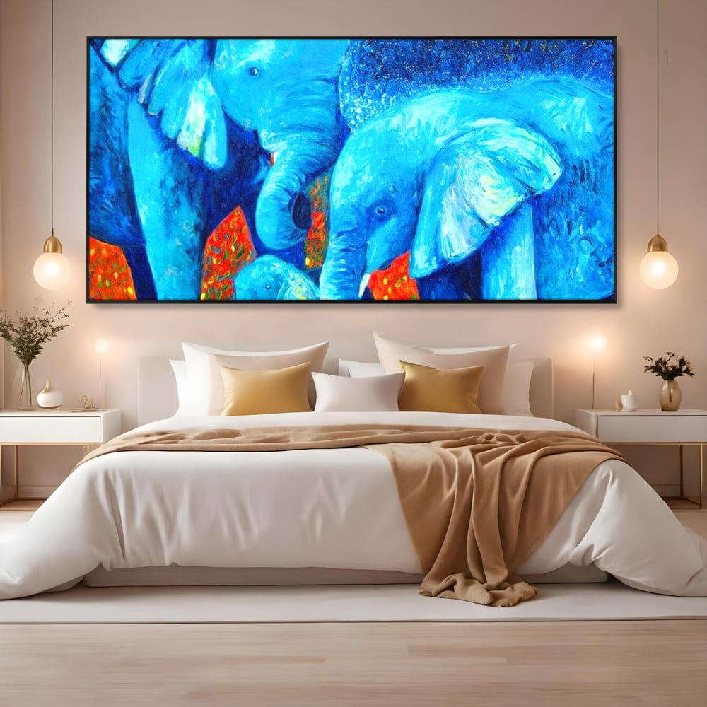 Tablou Canvas Premium, LuxCanva® M1307, Calatorie in Jungla Magica,Albastru, Abstract, Familie, Culori Vibrante, Elefanti, Pictura, Magie, Poveste, Exotic, Birou, Living, Camera Copil